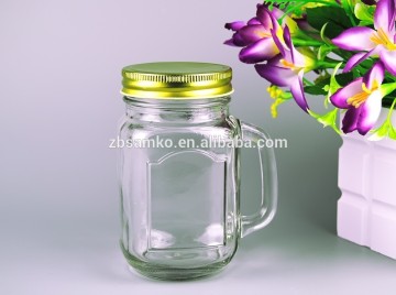 Glass embossed mason jar with handle