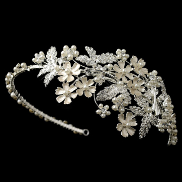 Light Silver Rhinestone & Ivory Pearl Floral Side Headband