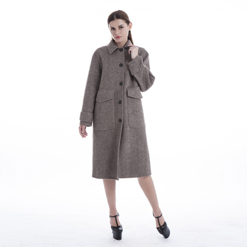 Large pocket herringbone cashmere coat