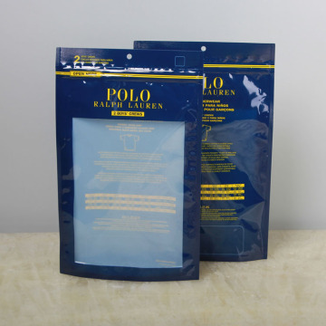 Resealable plastic packaging bag with zipper and window