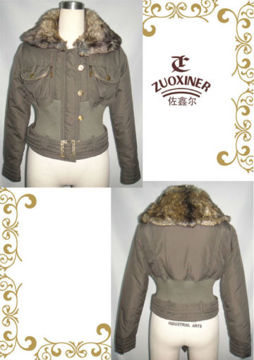 Ladies woven winter padded relaxation jackets with fur collar