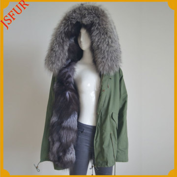 Jsfur Wholesale Silver Fox Fur Lining/Collar Military Parka Fur Coat