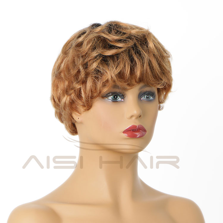 Aisi Hair Glueless Natural Kosher Wigs Brazilian In Dubai 150% Density Ombre Brown Pixie Cut Curly Wave Wig Human Hair