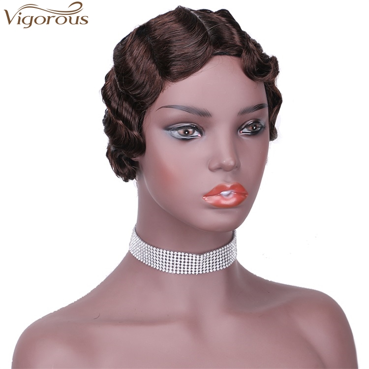 Vigorous Wholesale Price Top Quality Real Human Hair Finger Wave Wig Pixie Cut 4# Short Curly Wigs for African American Women