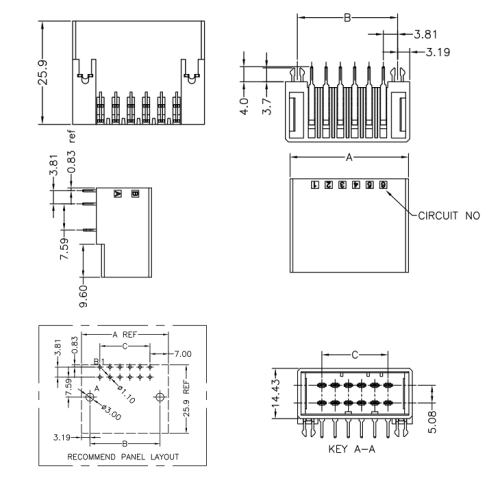 3,81 mm toonhoogte 90 ° vrouwelijke wafelconnectorbordzijde