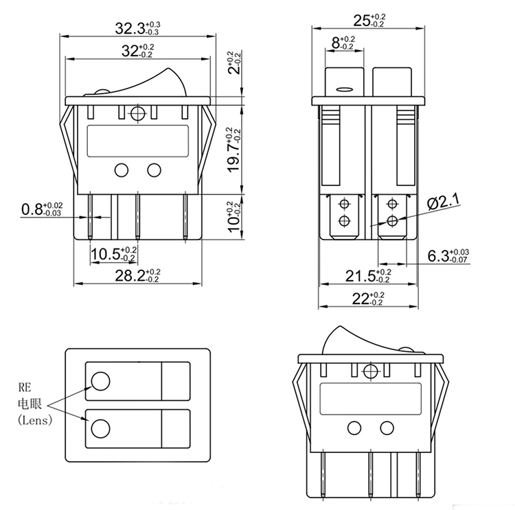 JEC JS-628FMM-0-BBB-2 16A 125V/8A 250V 6 pins square d pressure Square boat rocker switch panel