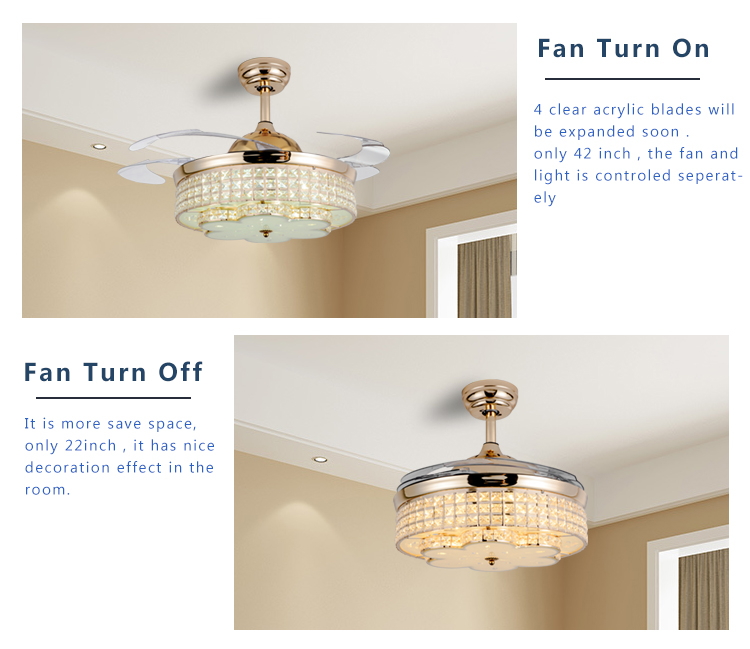 42inch modern ceiling fans with light crystal led chandelier pendant fixture retractable blades remote control