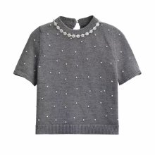 KAR & OT ZA Women's 2024 Slim Round Neck Artificial Pearl Short Sleeve Knitted Sweater
