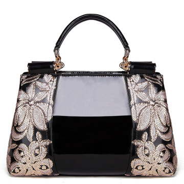 Sac fourre-tout noir en cuir verni Patch brodé de fleurs