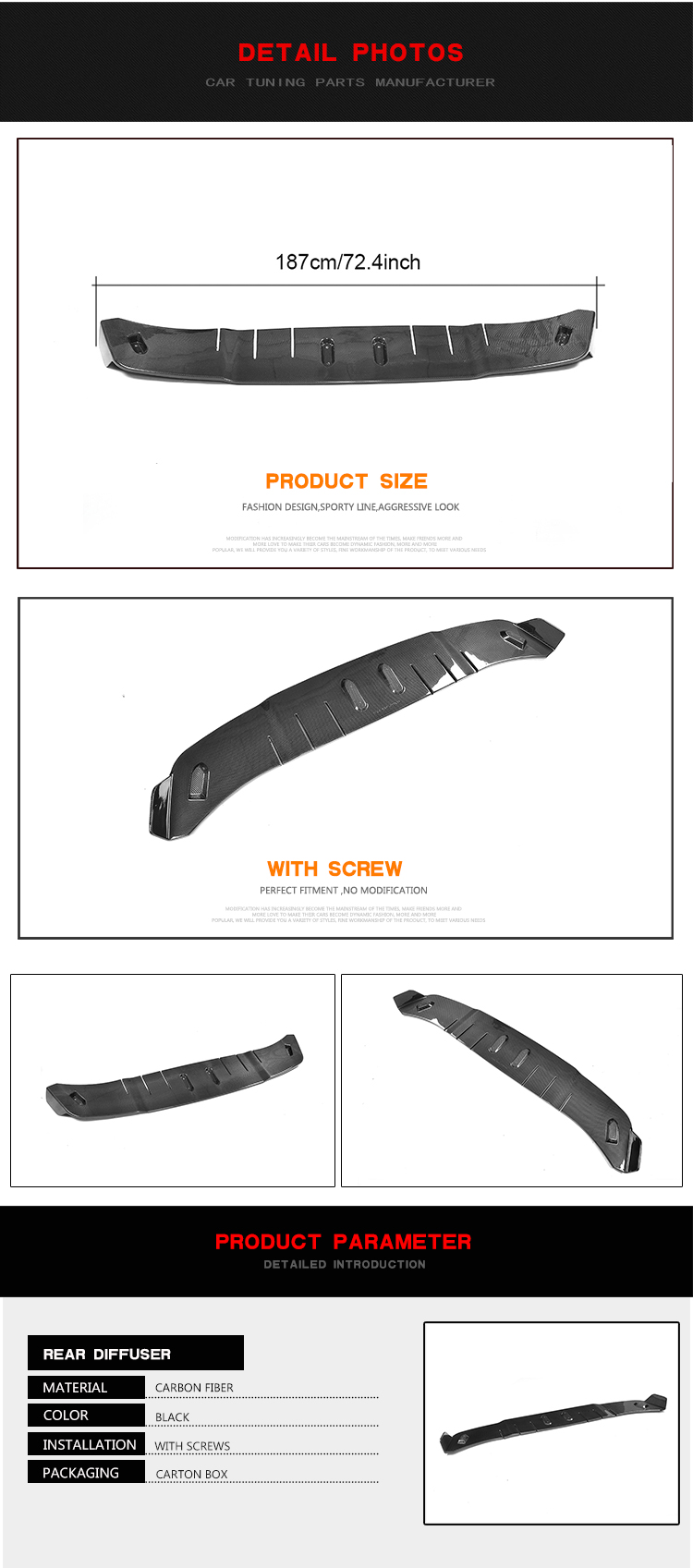 VEL Style Carbon Fiber Car Bumper Diffuser Lip for Ferrari 458 Italia Base Coupe 2-Door 11-13