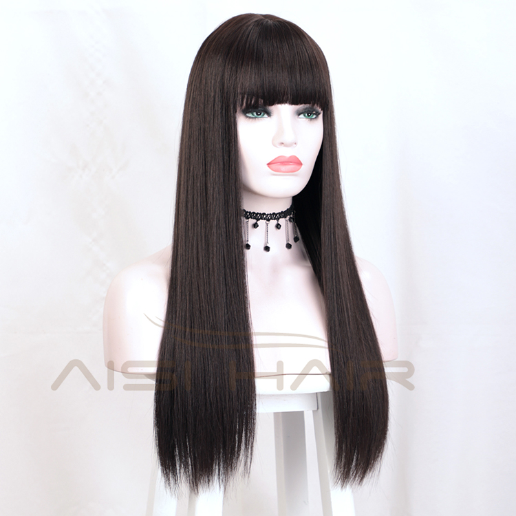 Aisi Hair Top Quality 24 Inch Long Silky Straight Black Lace Wig With Bangs Cheap Synthetic Hair Lace Front Wigs For Women