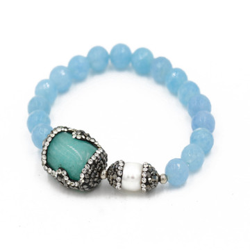 2017 latest design blue jade bead women fashion stretch bangle bracelet with crystal