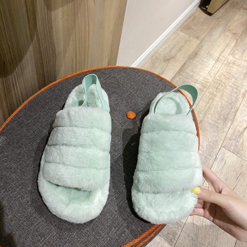 Women Faux Fur Outdoor Slippers Flat Open Toe Furry Plush Casual Plus Size Lady Sandals Mule Slides