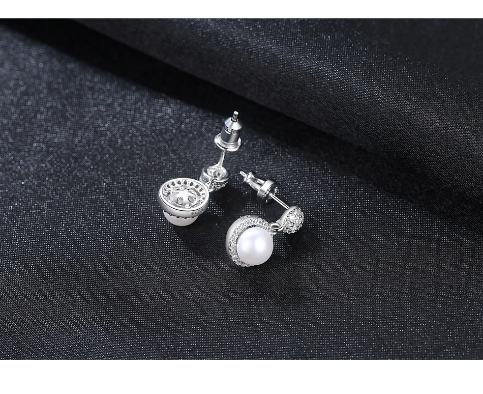 Classic Bling Bling Round Silver Stud Earring with Freshwater Pearl Stud Earrings