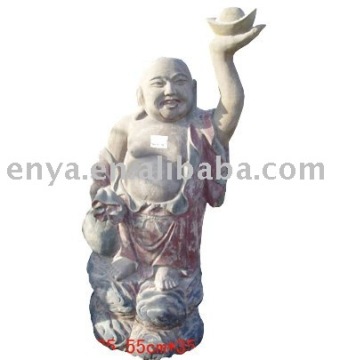 wood sculpture in antique painting, religious statue, wood smiling Buddha