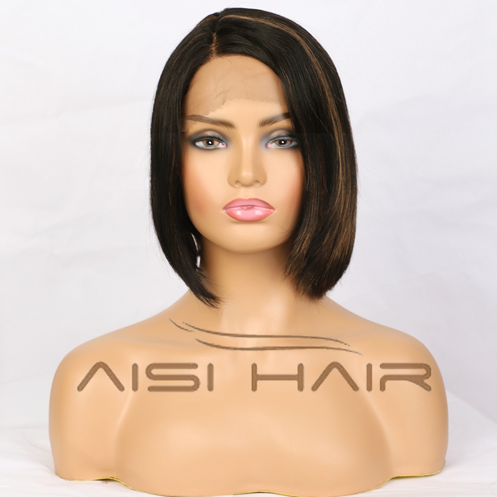 Aisi Hair Cheap Vendors  Black Mixed Brown Bob Short Highlight Low Price Brazilian Straight Lace Wig 100% Human Hair