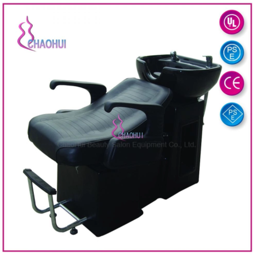 Cadeira de shampoo de salão preto com apoios de braços