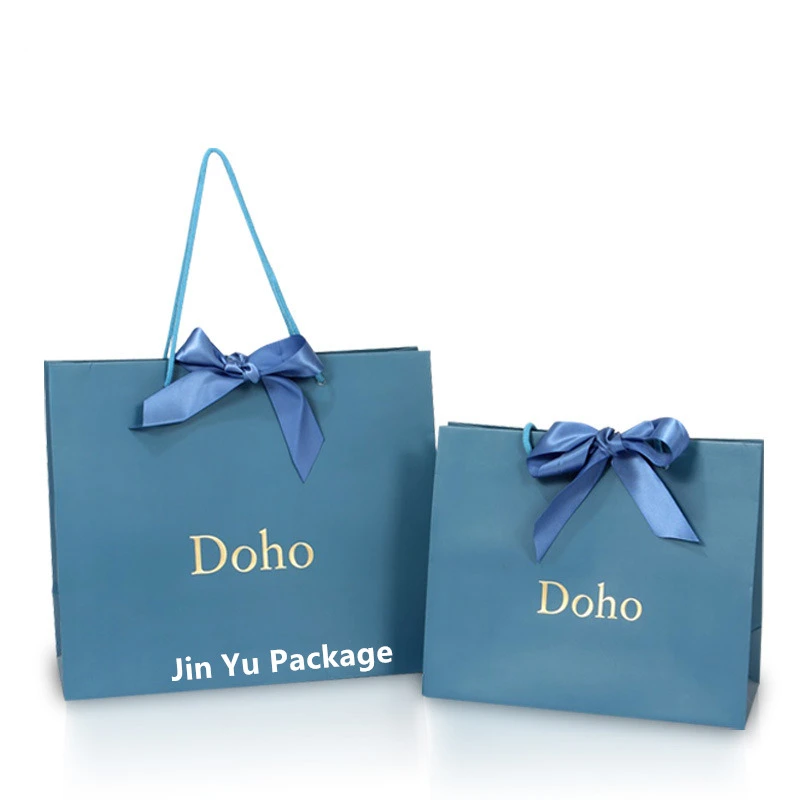 Blue Ribbon Bowtie Cardboard Paper Gift Shopping Bag Wholesale