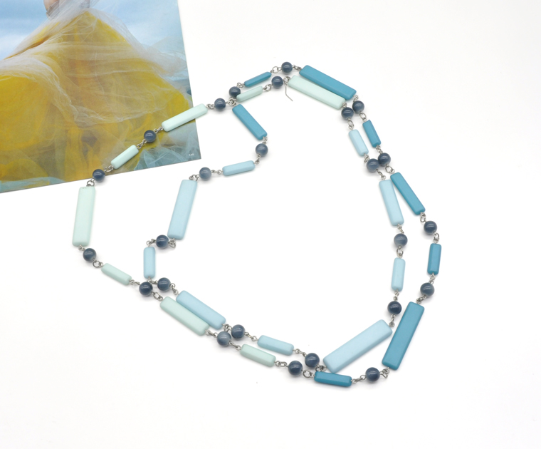 2021 blue color double layer resin acrylic necklace women long plastic round beads link chain necklace