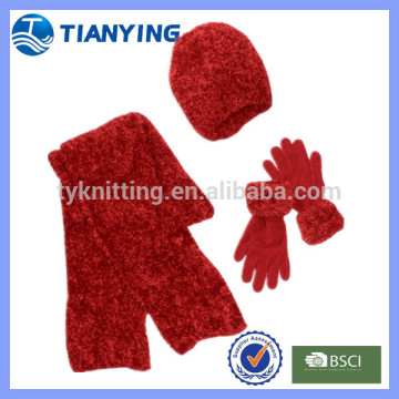 wholesale ladies winter red scarf hat gloves set