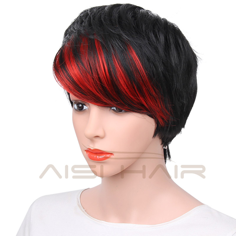 For Women Synthetic Short Style The Best Selling Straight Pixie Cut Wigs Hair With Red Bangs Wig Heat Resistant Fiber