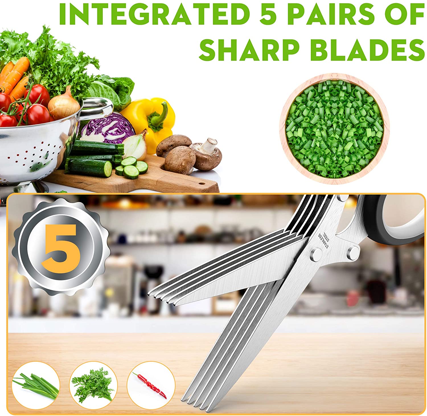 Updated 2020 Herb Scissors Set Cool Kitchen Gadgets for Cutting Fresh Garden Herbs - Herb Cutter Shears with 5 Blades and Cover