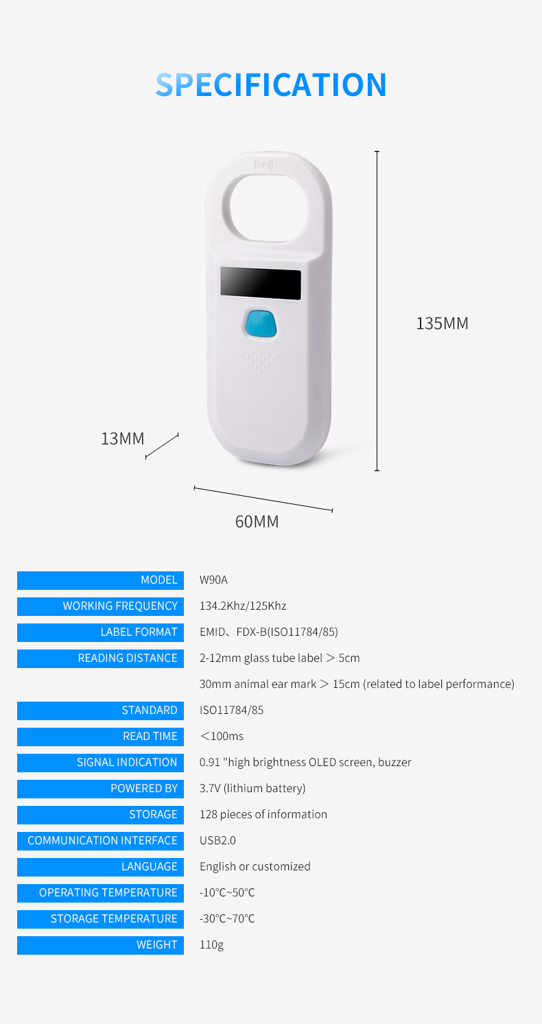 125Khz / 134.2Khz RFID animal Tag Reader Animal microchip Reader Handheld rfid Animal Reader