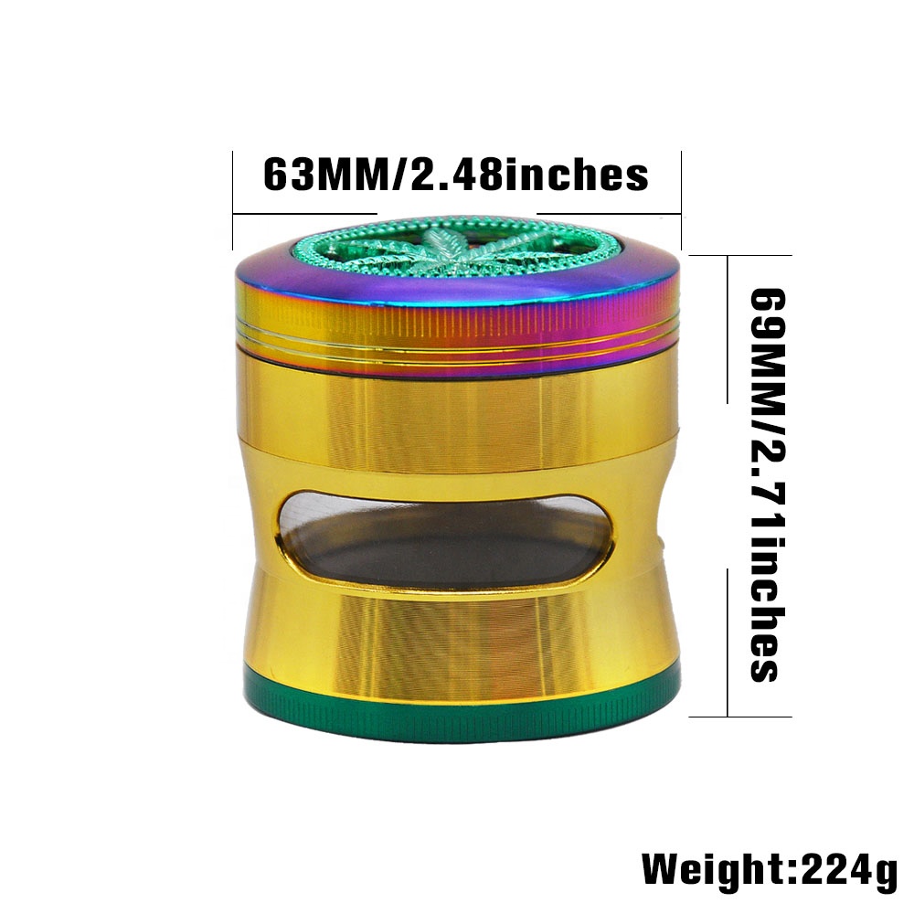 New Zinc Alloy 63mm 4 parts herb grinder weed grinder with See-through Window colorful herb crusher smoking accessories