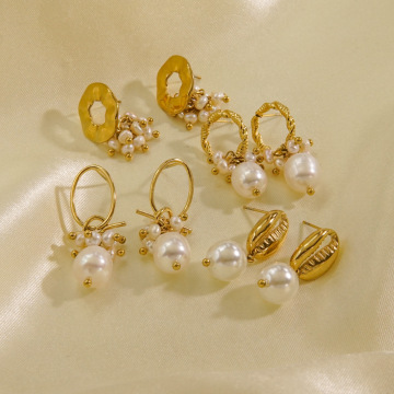 Vintage 18K Gold Plated Titanium Steel Pearl Dangle Earring with Irregular Freshwater Pearl