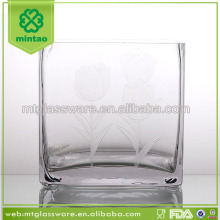 Tall Cube glass vase with decorative flowers