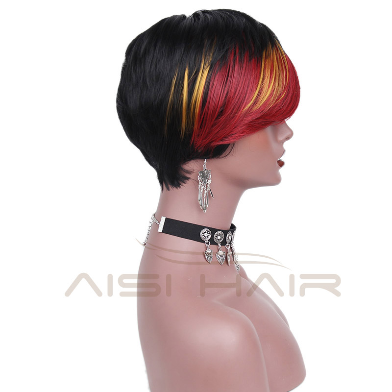 Aisi Hair Heat Resistant Pixie Cut Wigs Synthetic Short Straight Hair With Ombre Red Bangs Wigs For Women