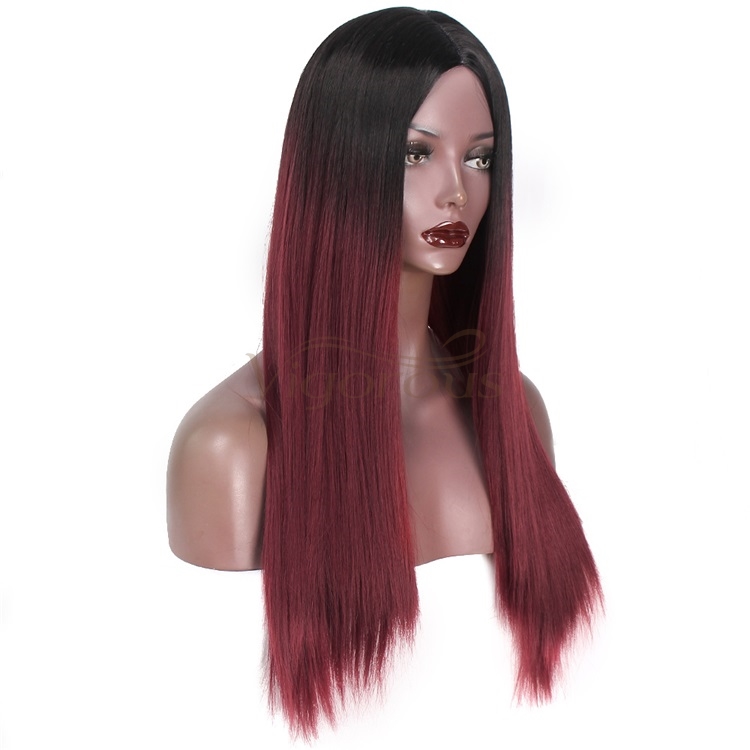 Vigorous Long Straight Red Ombre Hair Wigs Middle Part Silky Straight Synthetic Heat Resistant Wigs for Black Women