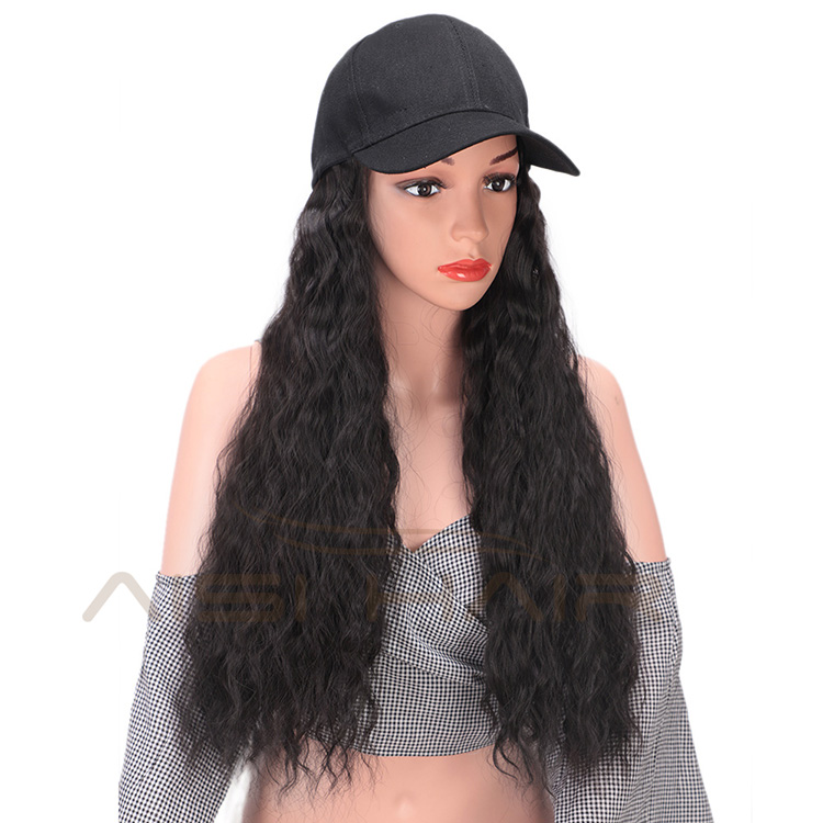 Aisi Hair Baseball Hat with Water Wave Hair Extensions Black Hat with Long Synthetic Hair Extensions for Girls Easy to Wear