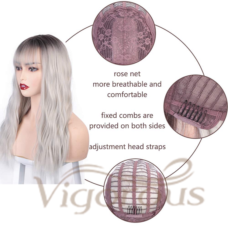 Vigorous Top Quality Cheap Price Long Ombre Grey Dark Root With Bangs Cosplay Party Fiber For Black Women Synthetic Hair Wigs