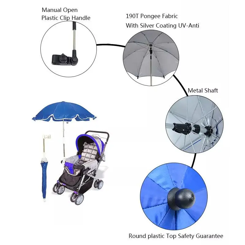 Unique Design Silver Coating Hands Free Universal Clip Clamp Baby Stroller Umbrella for Baby Car