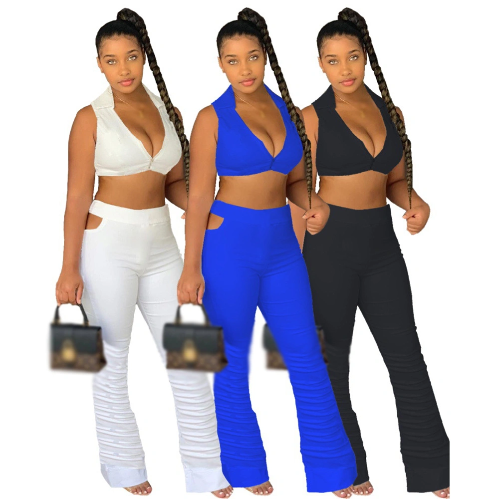 New Arrivals 2 Piece Set Women Clothing Sexy Crop and Stacked Pleat Pants