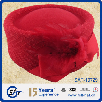 red quality pure wool felt pillbox hat with bowtie