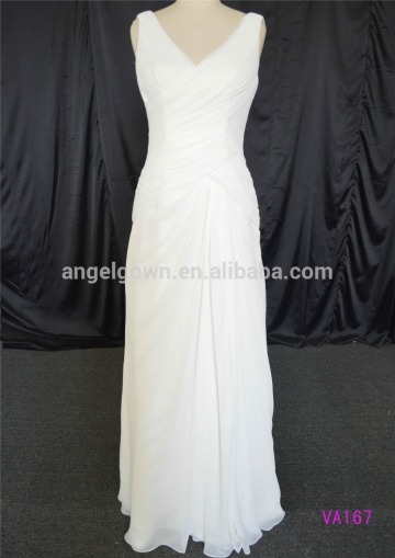 Front and back V-type neckline pleats sheath bridal dress