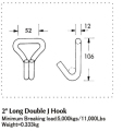 Crochet double en acier J de 50 mm de long pour attache à rochet