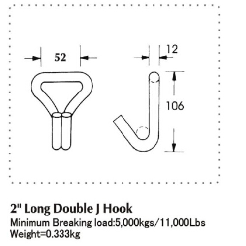 Crochet double en acier J de 50 mm de long pour attache à rochet