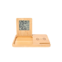 LCD Digital Bamboo Table Clock with Wireless Charger, Temperature, Humidity, and Alarm Function