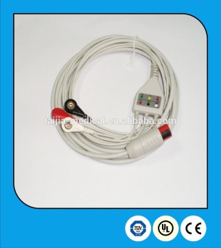 BIONET compatible fixed one-piece 3-lead ECG cable for patient monitor with snap terminals