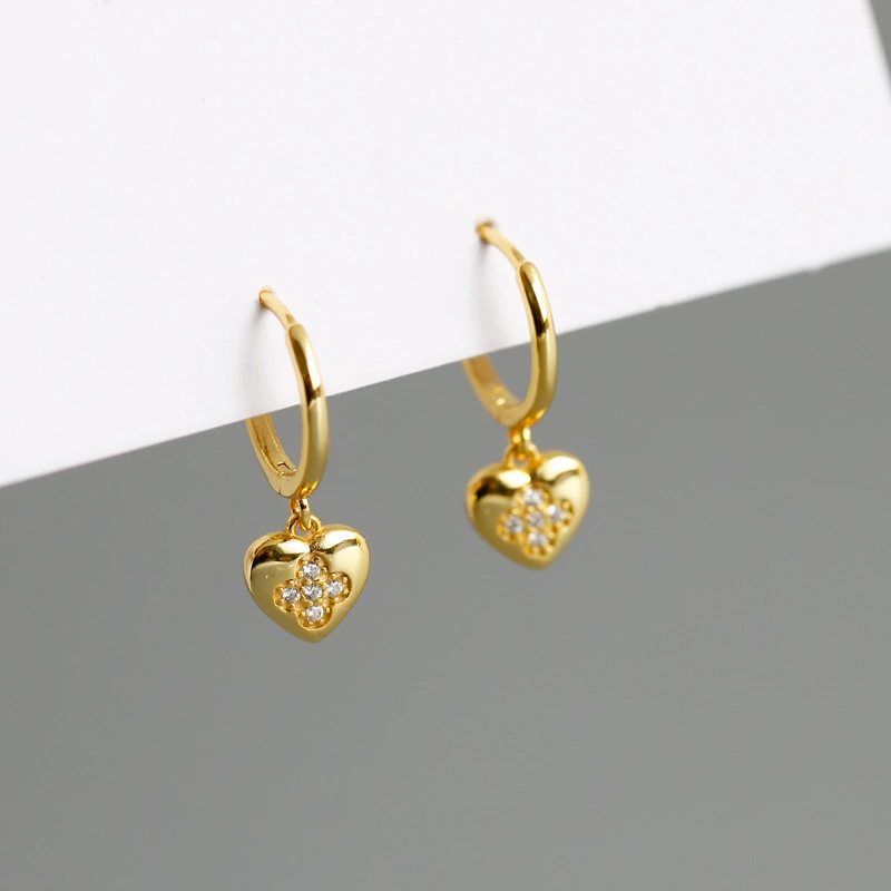 Fashion Luxury Jewelry S925 Sterling Silver Four Leaf Clover Full Diamond Heart Hoop Earrings