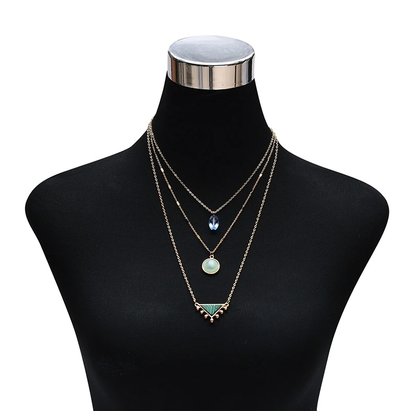 Trendy Crystal Glass Natural Stone Pendant 3 Layered Necklace