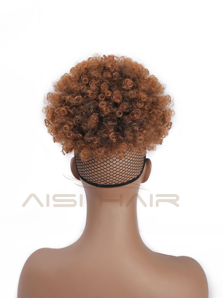 Aisi Hair New Design Kinky Curly Puff Brown Color Hair Bun With Bangs Afro Short Curly Synthetic Hair Extension For Black Women