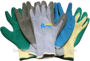 Yellow Polyester Coated Crinkle Finished Latex Hand Gloves Wholesalers China