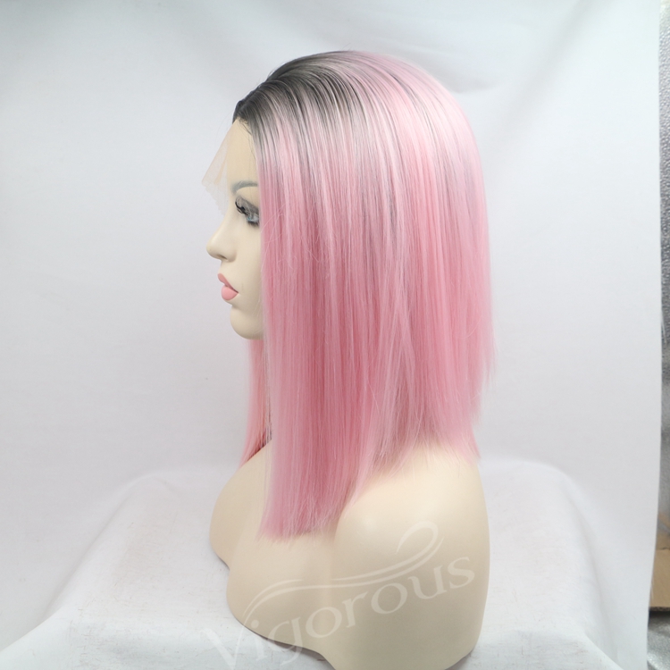 Straight Bob Ombre Lovely Pink Wig Synthetic Black Color Wig Short Pixie Cut Lace Front Wig Women 16 Inch Middle Part