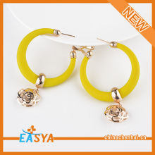 Fashion Yellow Resin Hoop Earring With Rose Flower Charm