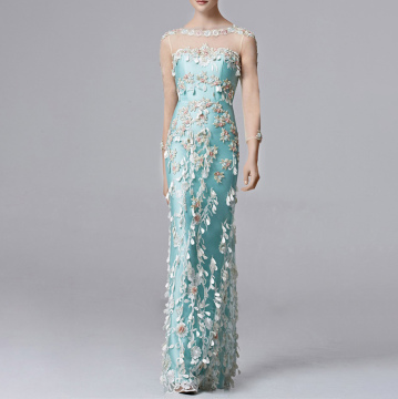 Handwork Flower Blue Evening Prom Long Dresses