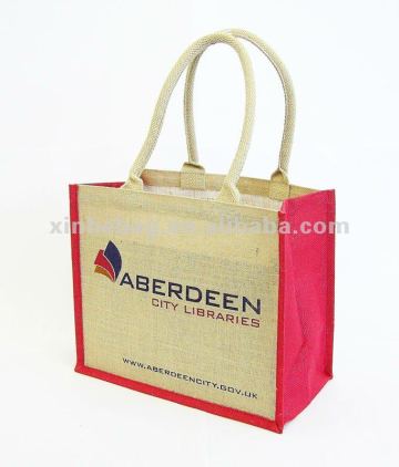 two tone solid padded handle jute tote bag